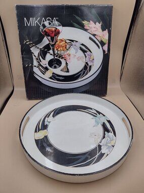 Mikasa Black & White Floral Round Serving Tray 15" Diameter Drinks Hosting Decor